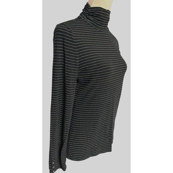 WHBM Mock Turtle Neck Black Striped Long Sleeve Button Detail Stretch Top Sz L - Picture 6 of 11